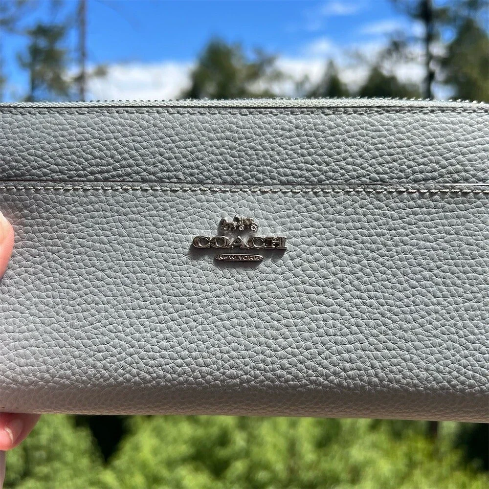 COACH Long Zip-Around Wallet Blue/Gray Pebble Leather Wallet Silver Hardware